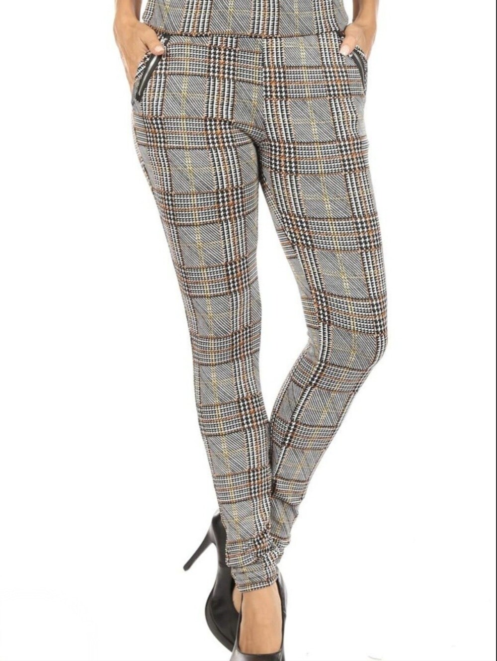 Shosho Plaid Tartan Check High Rise Ankle Pants in Gray, Black & Tan Large